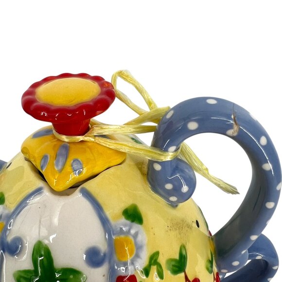 Mary Engelbreit Ceramic Cherry Teapot Tea for One Yellow Blue Rare - Picture 5 of 15